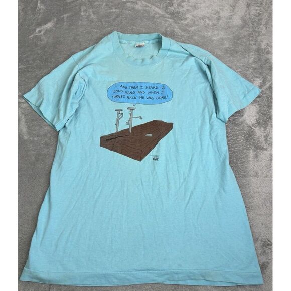 Vintage 80s Construction Comedy Short Sleeve T Shirt Men's Size Large Blue - Picture 1 of 10